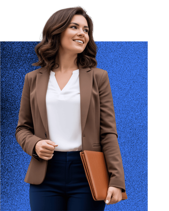 Confident businesswoman in professional attire holding a portfolio, representing HR, CPA, and payroll partnership professionals