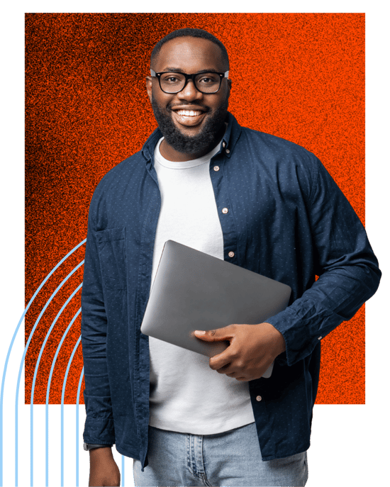 Smiling professional man in glasses holding a laptop, representing payroll, HR, franchise, and CPA partnership solutions