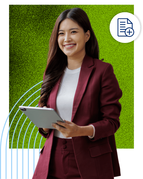 Woman in a blazer holding a tablet, with a document-plus icon representing adding or creating new payroll records