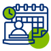 An illustration featuring a computer screen with a user icon, a clock, and a calendar, symbolizing scheduling and time management.