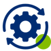 Blue gear icon with circular arrows around it, representing automation or process optimization, accompanied by a green circle.