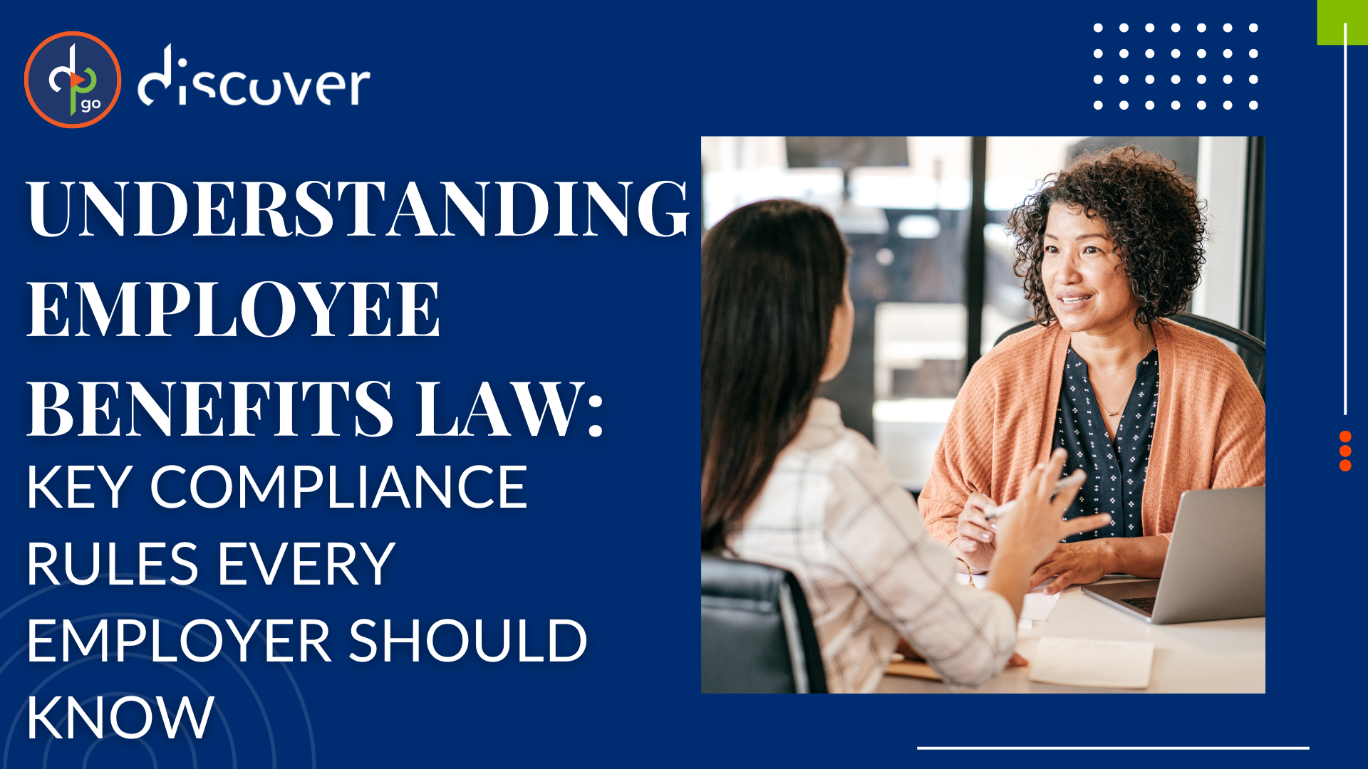 A professional discussion about employee benefits law, with a focus on compliance rules for employers, set in a modern office.