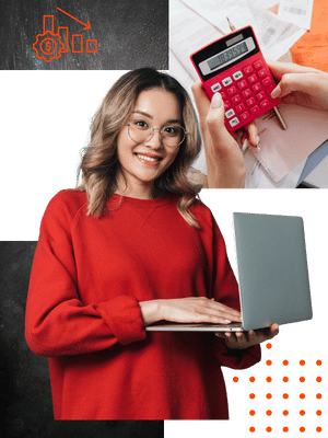 A person wearing a red sweater holds a laptop, surrounded by financial tools like a calculator and documents.