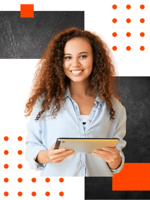 A person with curly hair stands holding a tablet, dressed in a light blue shirt, against a colorful graphic background.