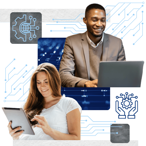 A woman using a tablet and a man working on a laptop, surrounded by digital graphics like circuits and gears.