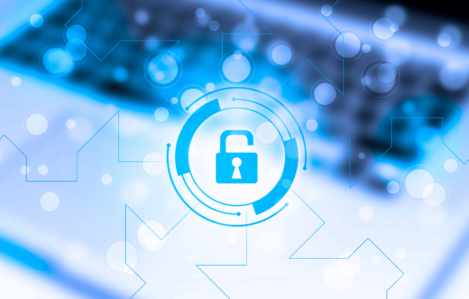 A blue digital background features a padlock icon, symbolizing cybersecurity and data protection over a blurred keyboard.