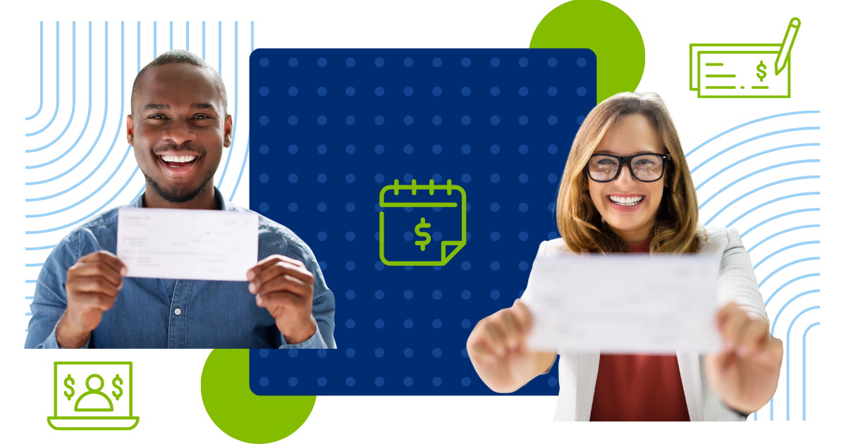 A man and woman each holding up a printed paycheck
