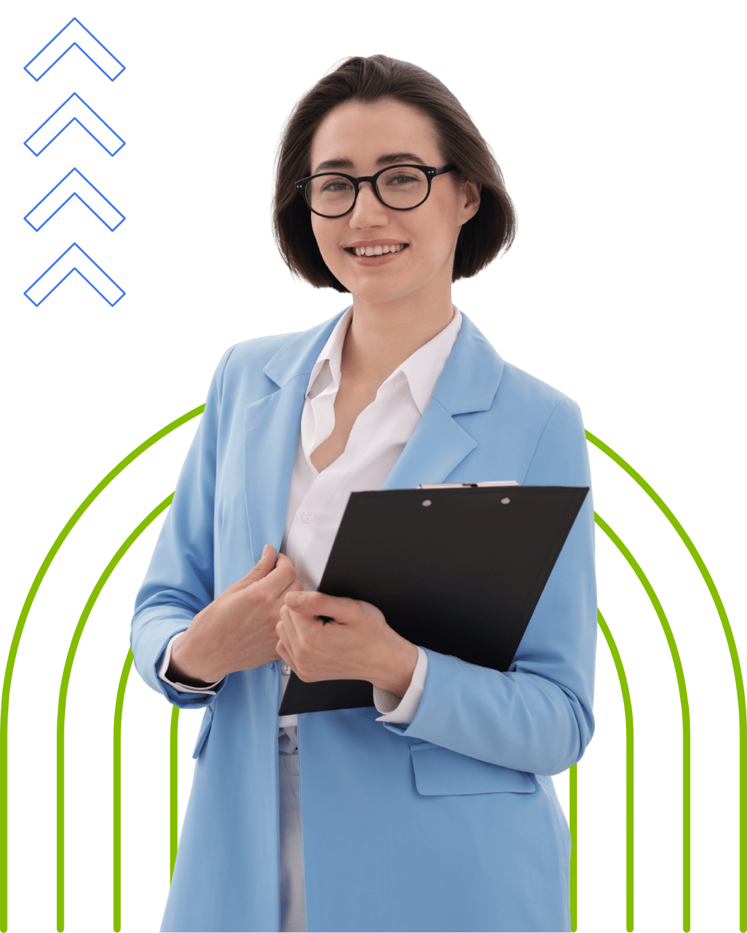 Professional woman in a light blue blazer holding a black clipboard, standing against a green background with abstract blue and green shapes.
