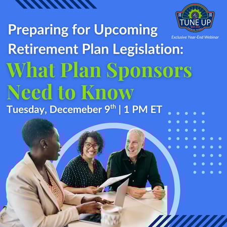 Webinar promotional graphic featuring three individuals discussing retirement plan legislation. Date and time highlighted prominently.