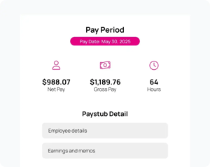 Pay period screen showing net pay, gross pay, hours worked, and paystub detail