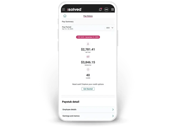 isolved mobile app pay history screen showing a pay summary with net pay, gross pay, hours worked, and a paystub detail section.