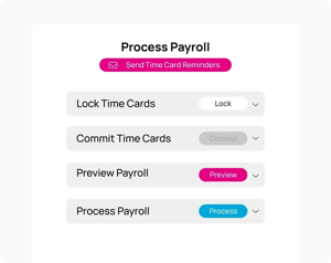 Payroll processing screen showing time card lock, commit, preview, and process steps