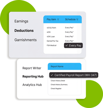 isolved payroll software interface showing deduction and garnishment pay items with schedule settings, alongside a reporting hub screen with report selection including a certified payroll report.
