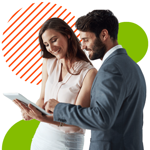 A man and woman discuss a document on a tablet, set against a vibrant background with geometric shapes.